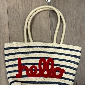GAP Navy Stripe Straw Tote with Red "hello" Applique